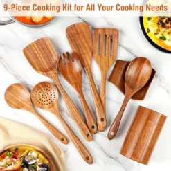 Itopfox 9-Piece Teak Wooden Kitchen Utensil Set With Spoon Rest, Comfort Grip Cooking Spoons & Utensil Holder For Easy Storage -Itopfox Shop GUEST b8b8575c 7a85 49af a939 1f996737c22d