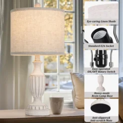 Itopfox Farmhouse Table Lamps Set Of 2, White Rustic Vintage For Living Room Bedroom, Antique Bedside Desk Lamps With Linen Shade, Traditional Resin -Itopfox Shop GUEST bc41c52e c6a8 4ece 8a76 266ba67b57c5