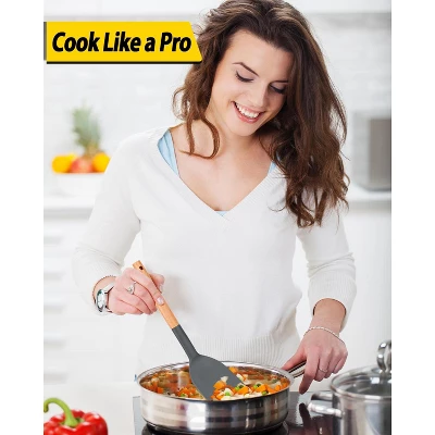 Itopfox Pack Of 4 Silicone Cooking Utensils Set With Wooden Handle, Non Stick Spatulas And Heat Resistant Slotted Spoons For Frying, Serving, Turning 4 Itopfox Pack Of 4 Silicone Cooking Utensils Set With Wooden Handle, Non Stick Spatulas And Heat Resistant Slotted Spoons For Frying, Serving, Turning - Image 4