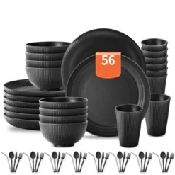 Itopfox 56-Piece Black Wheat Straw Dinnerware Set, Unbreakable Plates, Bowls, Cups & Utensils, Microwave & Dishwasher Safe, Reusable For Home, Office -Itopfox Shop GUEST ccb5f874 6913 480f a561 bb46786412f9