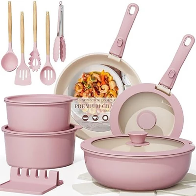 Itopfox 21-Piece Nonstick Pots And Pans Set With Removable Handles, Ceramic Cookware For RV Kitchen, Induction Compatible, Stackable Design, Pink 9 Itopfox 21-Piece Nonstick Pots And Pans Set With Removable Handles, Ceramic Cookware For RV Kitchen, Induction Compatible, Stackable Design, Pink - Image 9