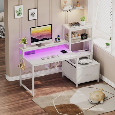 Itopfox Computer Desk With Drawers & Monitor Stand, Home Office Desk With Storage Shelves, Gaming Desk With Power Outlets & LED Lights For Study 6 Itopfox Computer Desk With Drawers & Monitor Stand, Home Office Desk With Storage Shelves, Gaming Desk With Power Outlets & LED Lights For Study - Image 6