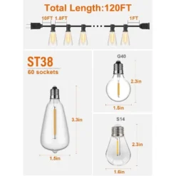 Itopfox 120FT Outdoor String Lights, Waterproof Patio Lights With 64 Hanging ST38 Bulbs, 2700k Shatterproof For Backyard Gazebo Porch Garden Decor