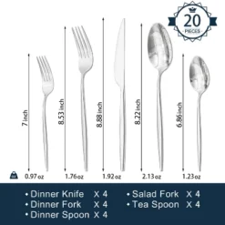 Itopfox 20-Piece Flatware Set, Premium 18/10 Stainless Steel Cutlery Set For Home Kitchen Restaurant Wedding, Dishwasher Safe