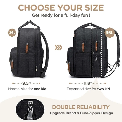 Itopfox Expandable Diaper Backpack For Twins, Dual Compartments, Includes Changing Pad & Stroller Straps, Unisex Black, 26-36L 4 Itopfox Expandable Diaper Backpack For Twins, Dual Compartments, Includes Changing Pad & Stroller Straps, Unisex Black, 26-36L - Image 4