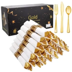 Itopfox 100-Pack Gold Plastic Cutlery Set With Napkins - Disposable Gold Utensils For Weddings, Parties, Thanksgiving - Includes Forks, Knives Spoons -Itopfox Shop GUEST dfdc6388 d214 4f91 b471 ce98ed995f9d