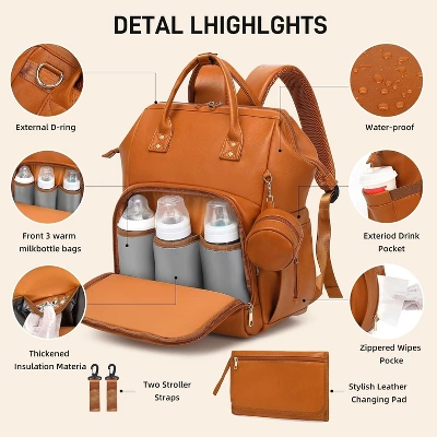 Itopfox Vegan Leather Diaper Backpack With Waterproof Changing Pad, Reinforced Stitching & Zippers, Ergonomic Design For Traveling Moms, Brown 7 Itopfox Vegan Leather Diaper Backpack With Waterproof Changing Pad, Reinforced Stitching & Zippers, Ergonomic Design For Traveling Moms, Brown - Image 7