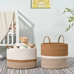 Itopfox Large Woven Storage Basket For Blankets, Laundry, Nursery, And Toys, Soft Cotton Rope Hamper For Living Room, Baby Toy Chest In White/Brown -Itopfox Shop GUEST e38a50c9 ed6e 4d22 a37d 5180ff2494ff
