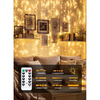 Itopfox 300 LED Fairy Curtain Lights With Remote, 8 Lighting Modes, USB Plug In, Warm White String Lights For Christmas Bedroom, Weddings, Dorm Decor 4 Itopfox 300 LED Fairy Curtain Lights With Remote, 8 Lighting Modes, USB Plug In, Warm White String Lights For Christmas Bedroom, Weddings, Dorm Decor - Image 4