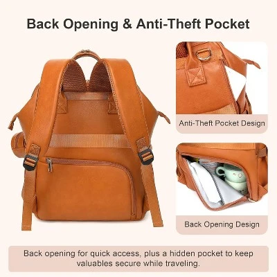 Itopfox Vegan Leather Diaper Backpack With Waterproof Changing Pad, Reinforced Stitching & Zippers, Ergonomic Design For Traveling Moms, Brown 6 Itopfox Vegan Leather Diaper Backpack With Waterproof Changing Pad, Reinforced Stitching & Zippers, Ergonomic Design For Traveling Moms, Brown - Image 6