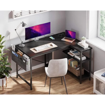 Itopfox L-Shaped Gaming Desk With Power Outlets, Reversible Shelves & PC Stand, Storage Bag For Home Office, Study Table For Small Spaces, Black 1 Itopfox L-Shaped Gaming Desk With Power Outlets, Reversible Shelves & PC Stand, Storage Bag For Home Office, Study Table For Small Spaces, Black