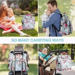 Itopfox Large Capacity Waterproof Diaper Backpack With Insulated Pockets, Changing Pad & Bottle Bag For Baby Essentials (Rose Flower)