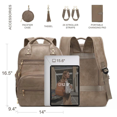 Itopfox Vegan Leather Diaper Backpack With Waterproof Changing Pad, 20 Pockets, Fits 15.6" Laptop, Stroller Straps, Taupe 4 Itopfox Vegan Leather Diaper Backpack With Waterproof Changing Pad, 20 Pockets, Fits 15.6" Laptop, Stroller Straps, Taupe - Image 4