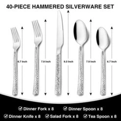 Itopfox 40-Piece Stainless Steel Flatware Set For 8, Hammered Square Silverware With Mirror Finish, Dishwasher Safe Cutlery Set For Home & Restaurant