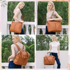 Itopfox Convertible Diaper Bag Backpack With 14 Pockets, Insulated Bottle Holders, Changing Pad, And Laptop Compartment, Vegan Leather And Nylon