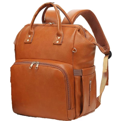 Itopfox Vegan Leather Diaper Backpack With Waterproof Changing Pad, Reinforced Stitching & Zippers, Ergonomic Design For Traveling Moms, Brown 9 Itopfox Vegan Leather Diaper Backpack With Waterproof Changing Pad, Reinforced Stitching & Zippers, Ergonomic Design For Traveling Moms, Brown - Image 9