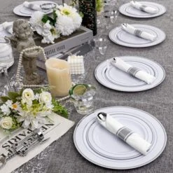 Itopfox Elegant Silver Plastic Dinnerware Set - Disposable Plates, Dessert Plates, Silver Rim Cups & Cutlery For Weddings, Parties - 50 Guest Service -Itopfox Shop GUEST f8d47f65 7418 47dd b133 c932319eaa5b