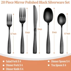 Itopfox 20-Piece Black Silverware Set For 4, Stainless Steel Flatware With Mirror Polish Square Cutlery Set For Kitchen, Fork, Spoon, Dishwasher Safe