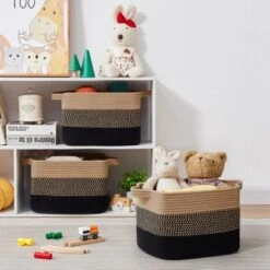 Itopfox Woven Storage Basket Set Of 3, Decorative Organizer Bins For Shelves, Closet, Toys, Books, Nursery - Black & Brown -Itopfox Shop GUEST ffb72c03 9b39 4aa4 b08a 1f13a6543349
